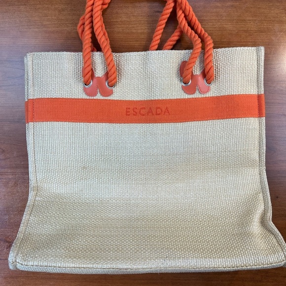 Escada Ivory Tote with Orange Trim and Handles - Picture 1 of 15
